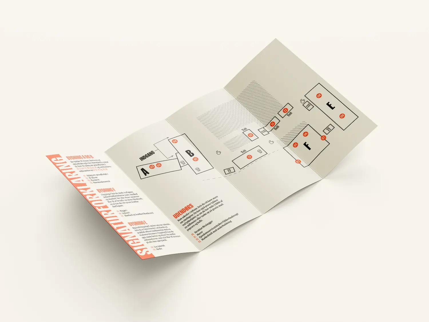 Mockup of page one through four of the event programme and wayfinding map