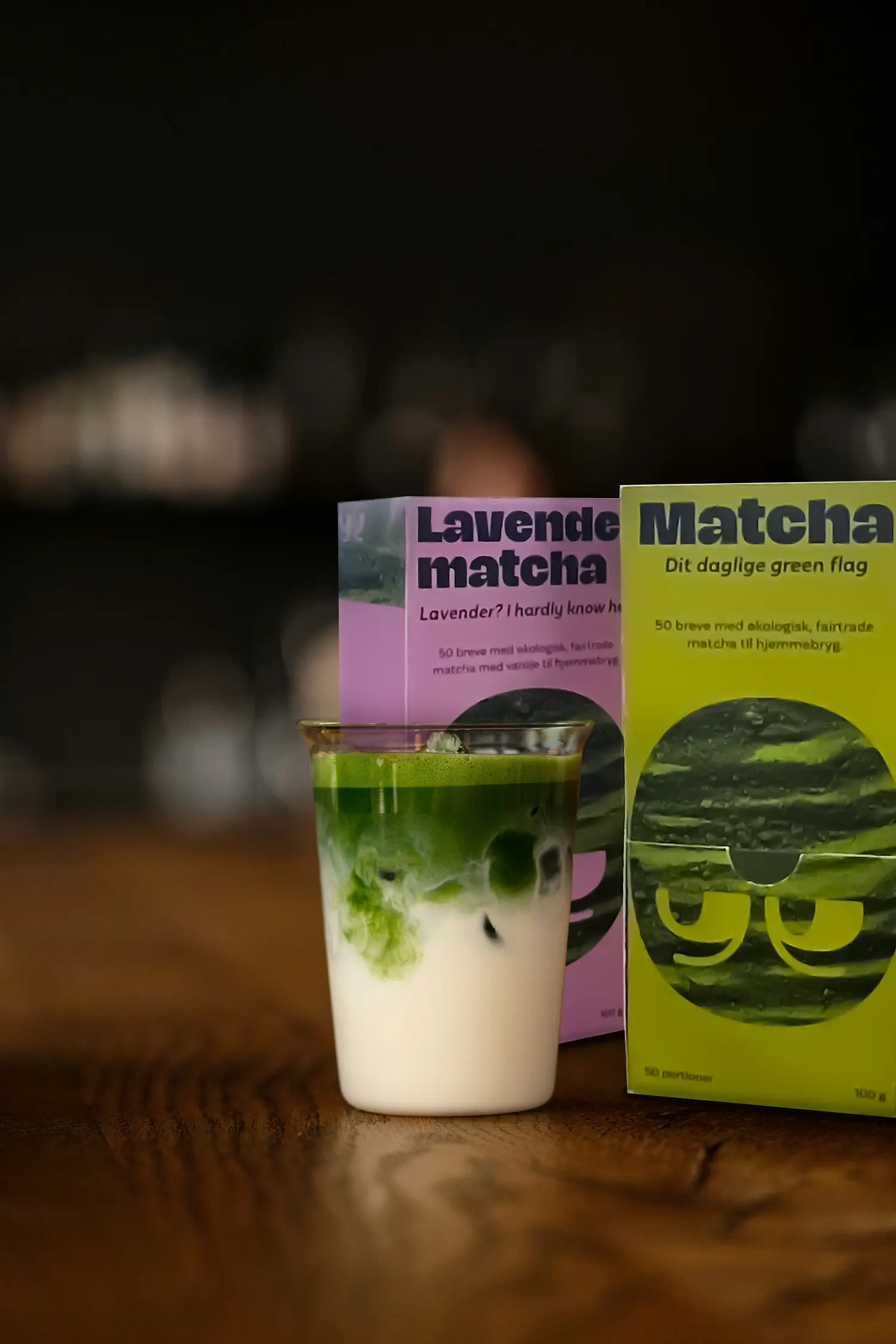 Mockup of packaging design for matcha powder in lavender, and regular flavour